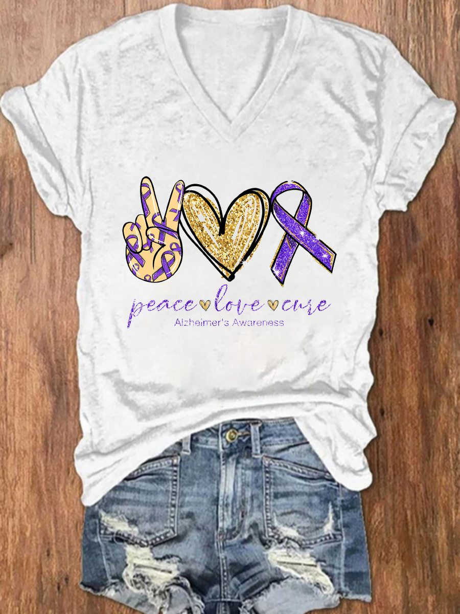 Peace Love Cure, Purple Ribbon Heart, Alzheimer's Awareness Crew Neck Casual Floral Loose T-Shirt