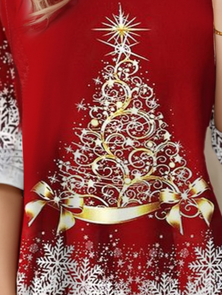 Snowflake Christmas Tree Design Round Neck T-Shirt