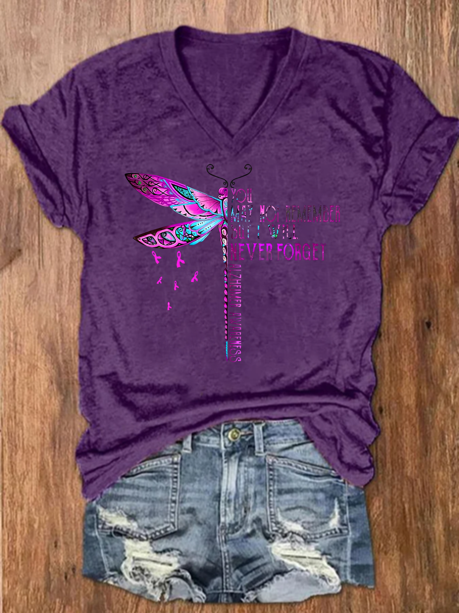 You May Not Remember But I Will Never Forget Dragonfly Alzheimer's Awareness Crew Neck Loose Casual Floral T-Shirt