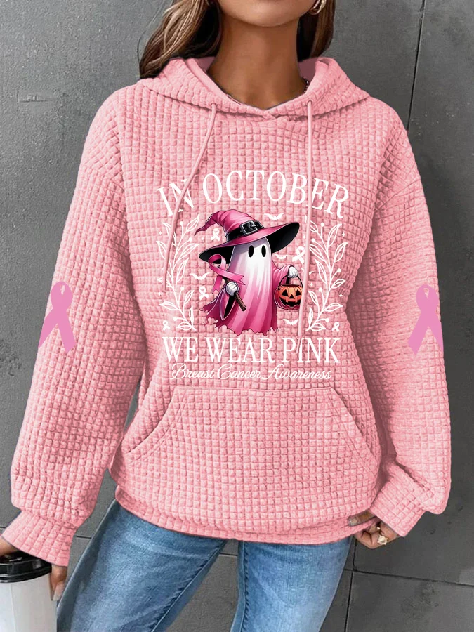 Women's In October We Wear Pink Halloween Ghost Breast Cancer Awareness Warrior Waffle Hoodie