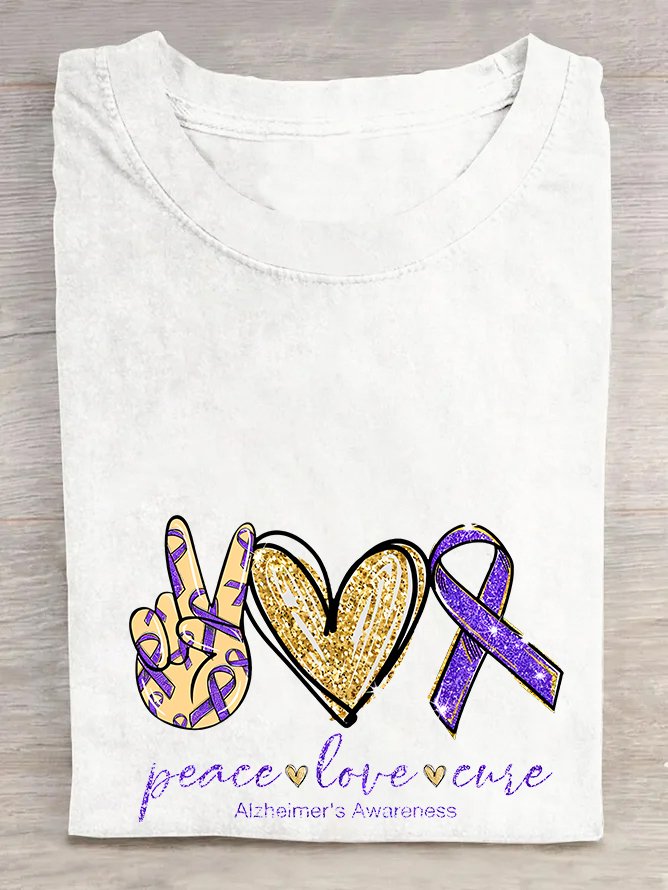 Peace Love Cure, Purple Ribbon Heart, Alzheimer's Awareness  Cotton T-shirt