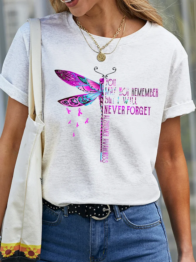 You May Not Remember But I Will Never Forget Dragonfly Alzheimer's Awareness Cotton T-shirt