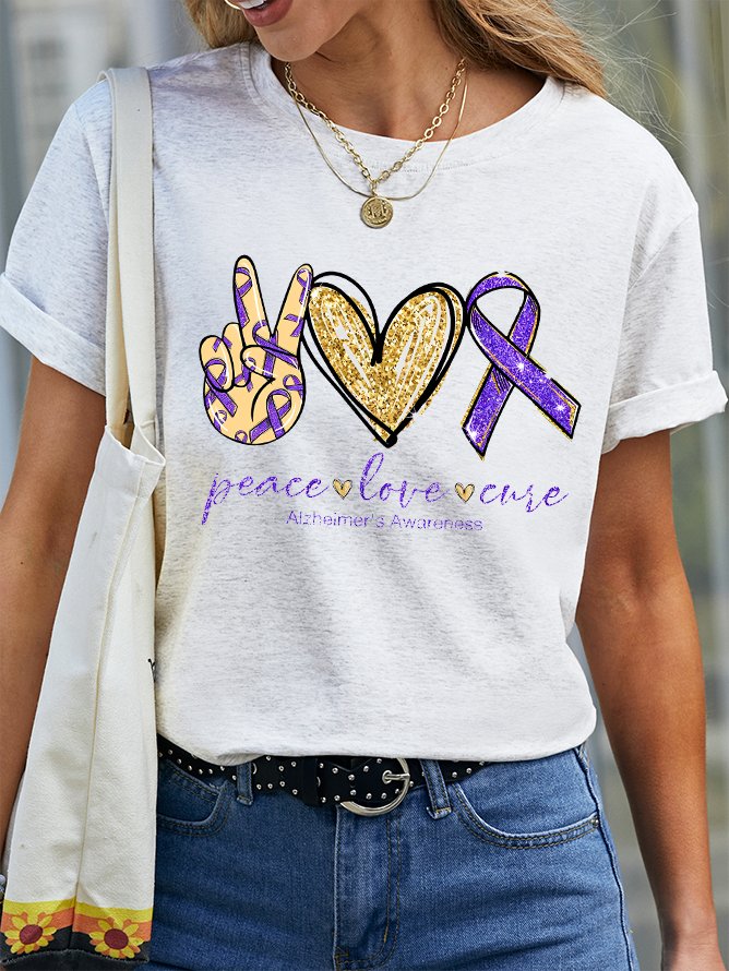 Peace Love Cure, Purple Ribbon Heart, Alzheimer's Awareness  Cotton T-shirt