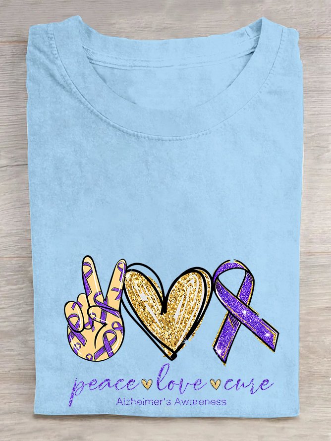 Peace Love Cure, Purple Ribbon Heart, Alzheimer's Awareness  Cotton T-shirt