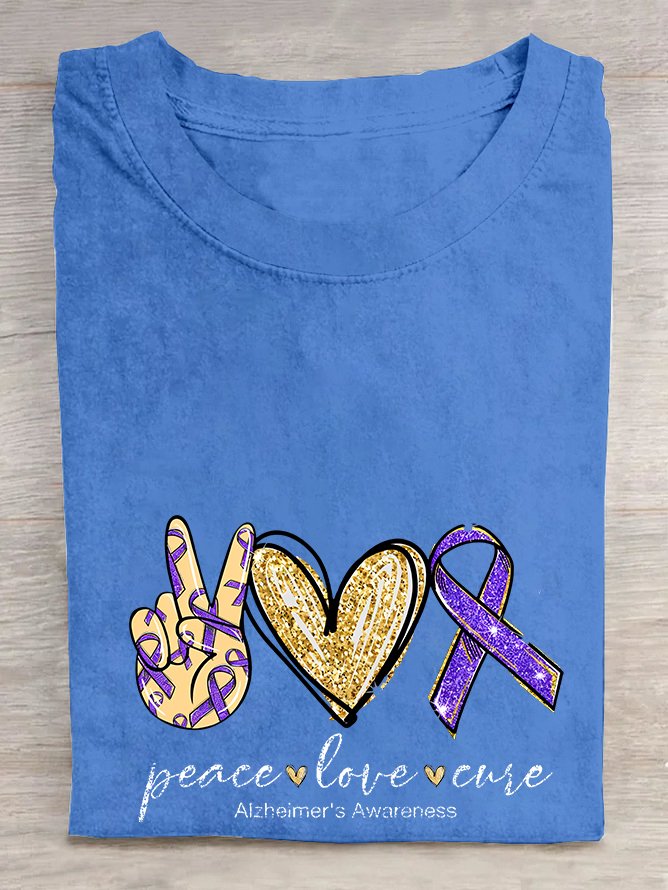 Peace Love Cure, Purple Ribbon Heart, Alzheimer's Awareness  Cotton T-shirt