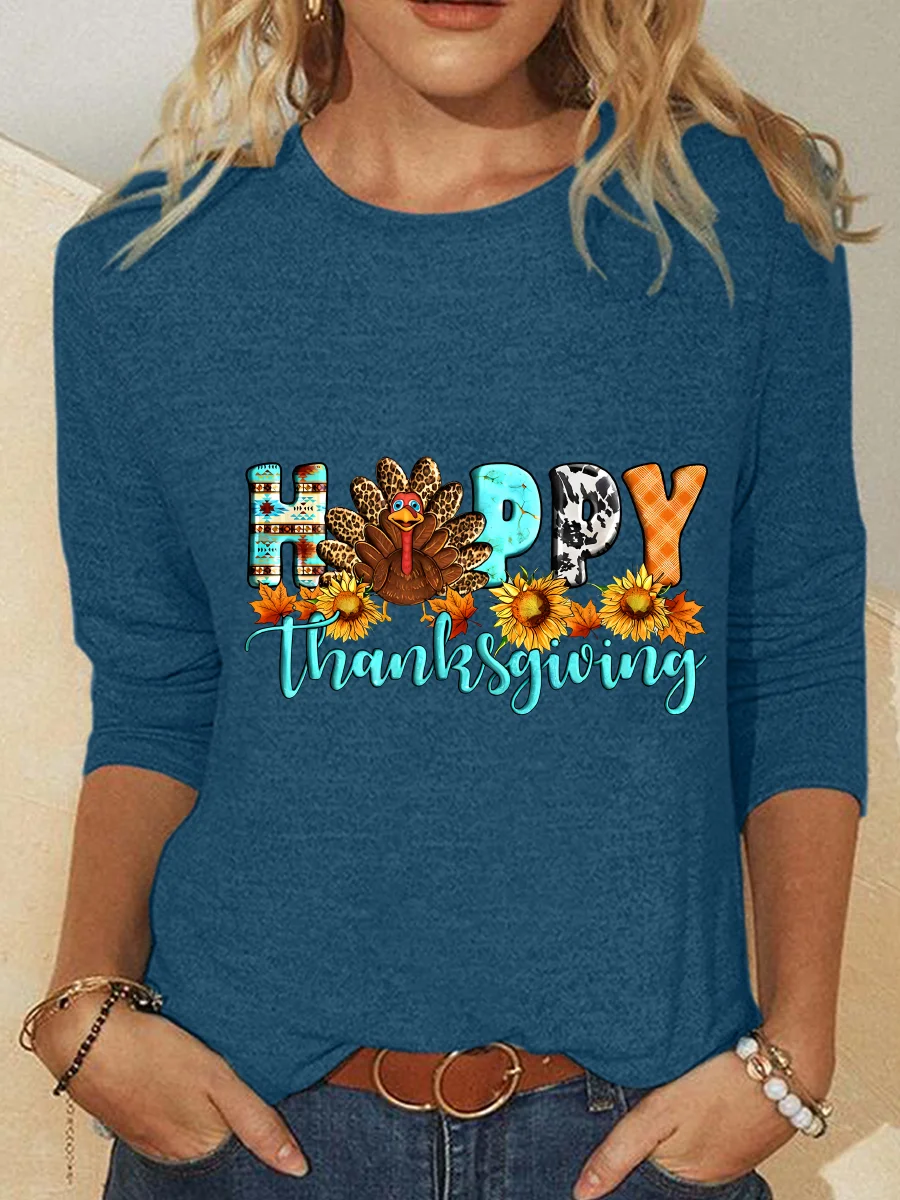 Happy Thanksgiving Turkey Pumpkin Season Casual Long Sleeve Shirt