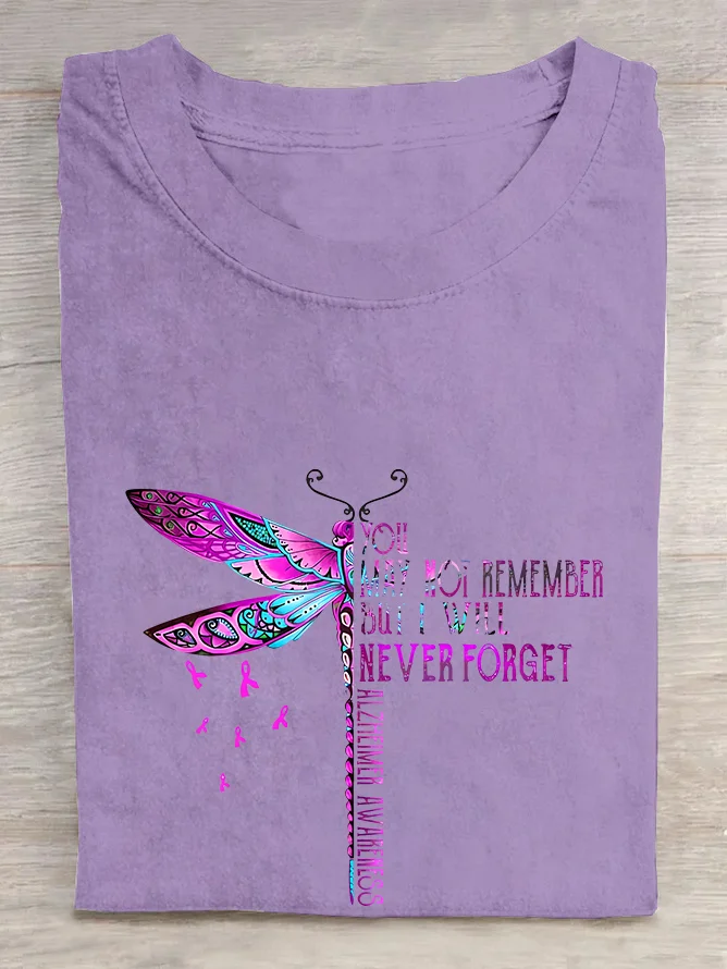 You May Not Remember But I Will Never Forget Dragonfly Alzheimer's Awareness Cotton T-shirt