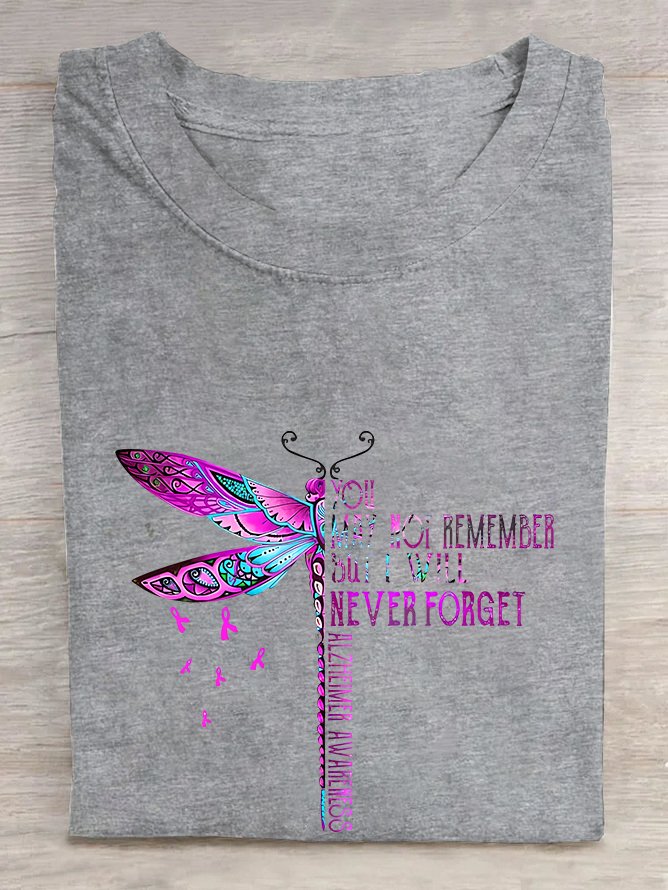 You May Not Remember But I Will Never Forget Dragonfly Alzheimer's Awareness Cotton T-shirt