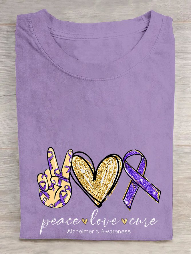 Peace Love Cure, Purple Ribbon Heart, Alzheimer's Awareness  Cotton T-shirt