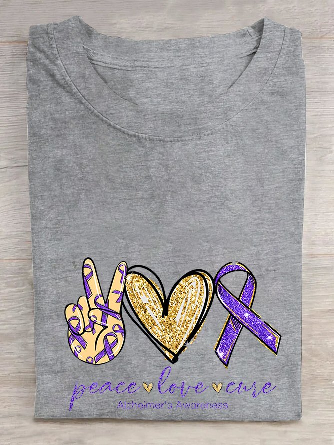 Peace Love Cure, Purple Ribbon Heart, Alzheimer's Awareness  Cotton T-shirt