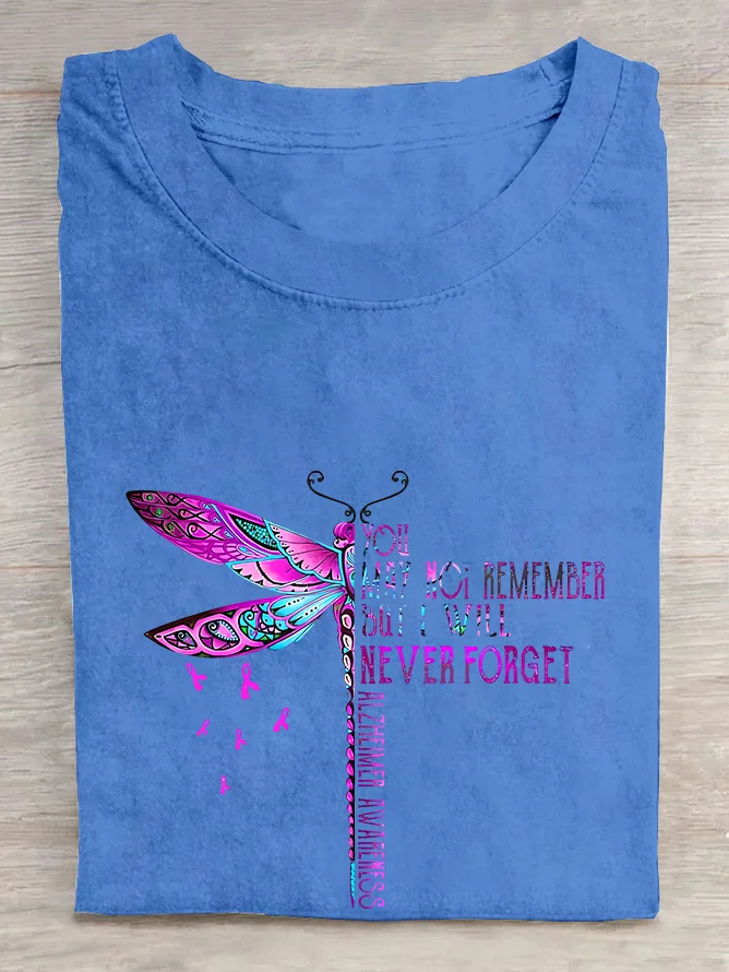 You May Not Remember But I Will Never Forget Dragonfly Alzheimer's Awareness Cotton T-shirt