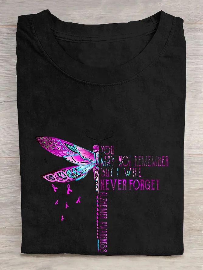 You May Not Remember But I Will Never Forget Dragonfly Alzheimer's Awareness Cotton T-shirt