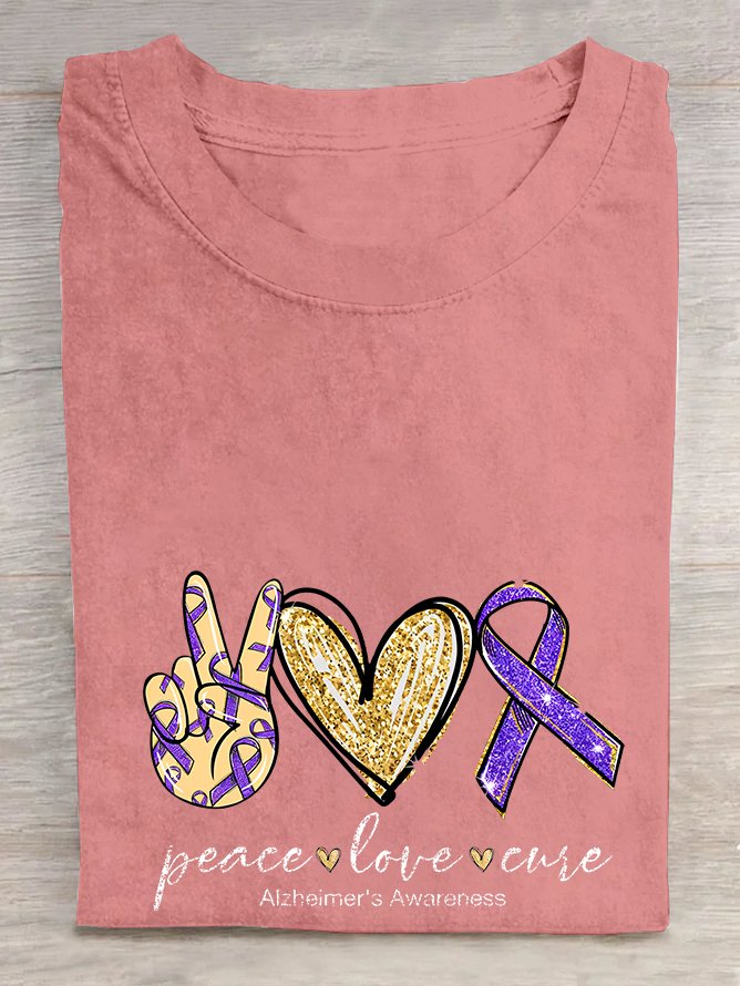 Peace Love Cure, Purple Ribbon Heart, Alzheimer's Awareness  Cotton T-shirt