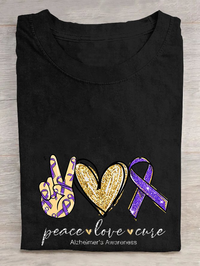 Peace Love Cure, Purple Ribbon Heart, Alzheimer's Awareness  Cotton T-shirt