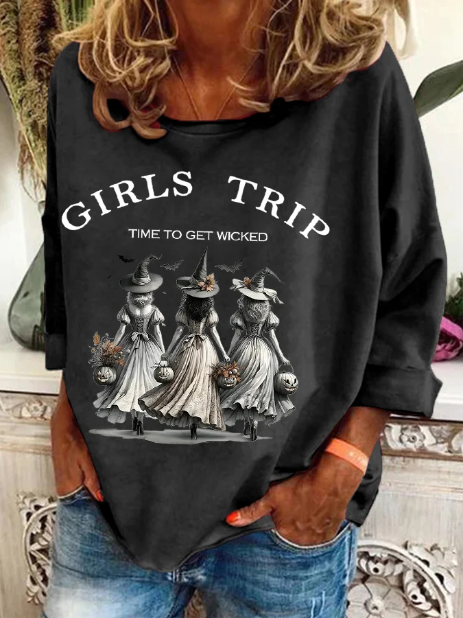 Women's Funny Halloween Witches Girls Trip Time To Get Wicked Casual Sweatshirt