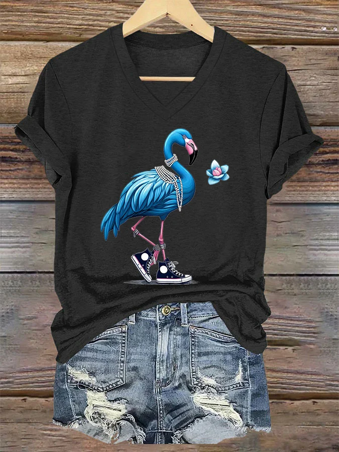 Women's Pearl Necklace Canvas Shoes Flamingo Print T-Shirt