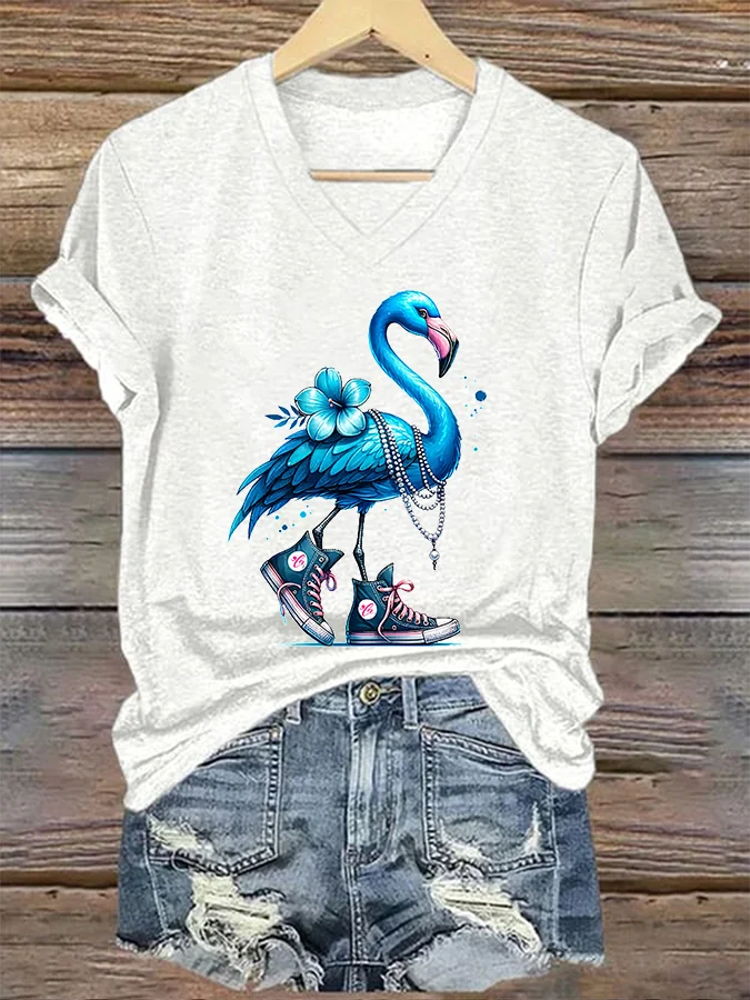 Women's Pearl Necklace Canvas Shoes Blue Flamingo Print T-Shirt