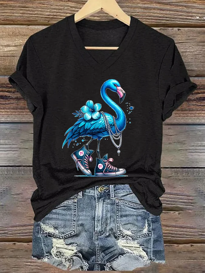 Women's Pearl Necklace Canvas Shoes Blue Flamingo Print T-Shirt