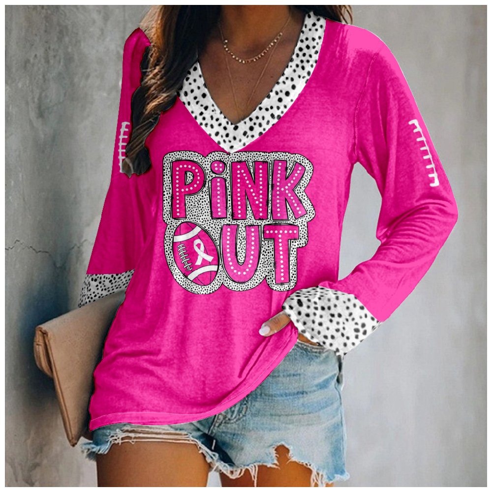 Women's Pink Out Football Breast Cancer Printed V-Neck Long Sleeve Top