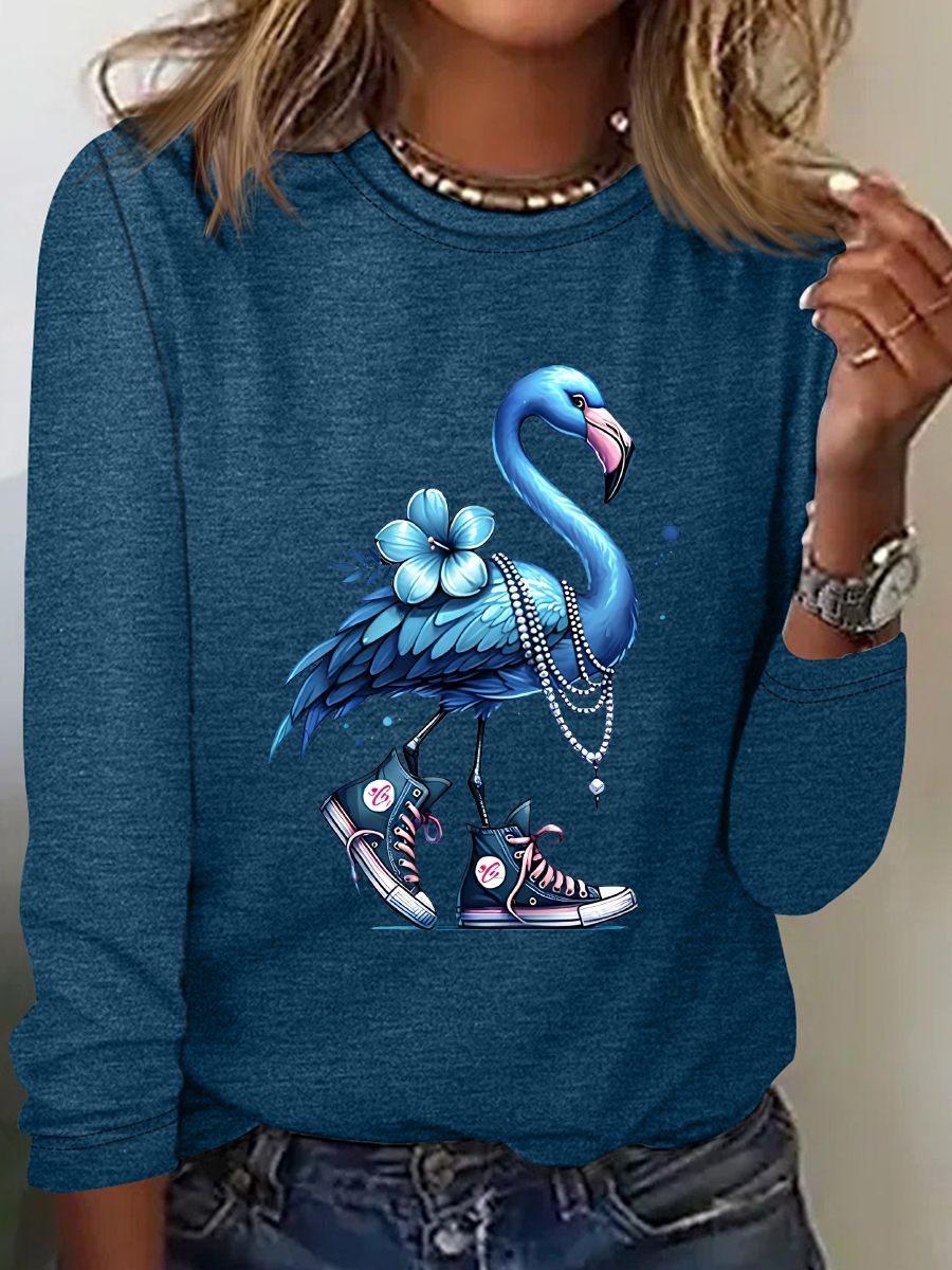 Pearl Necklace Canvas Shoes Blue Flamingo Print Casual Long Sleeve Shirt