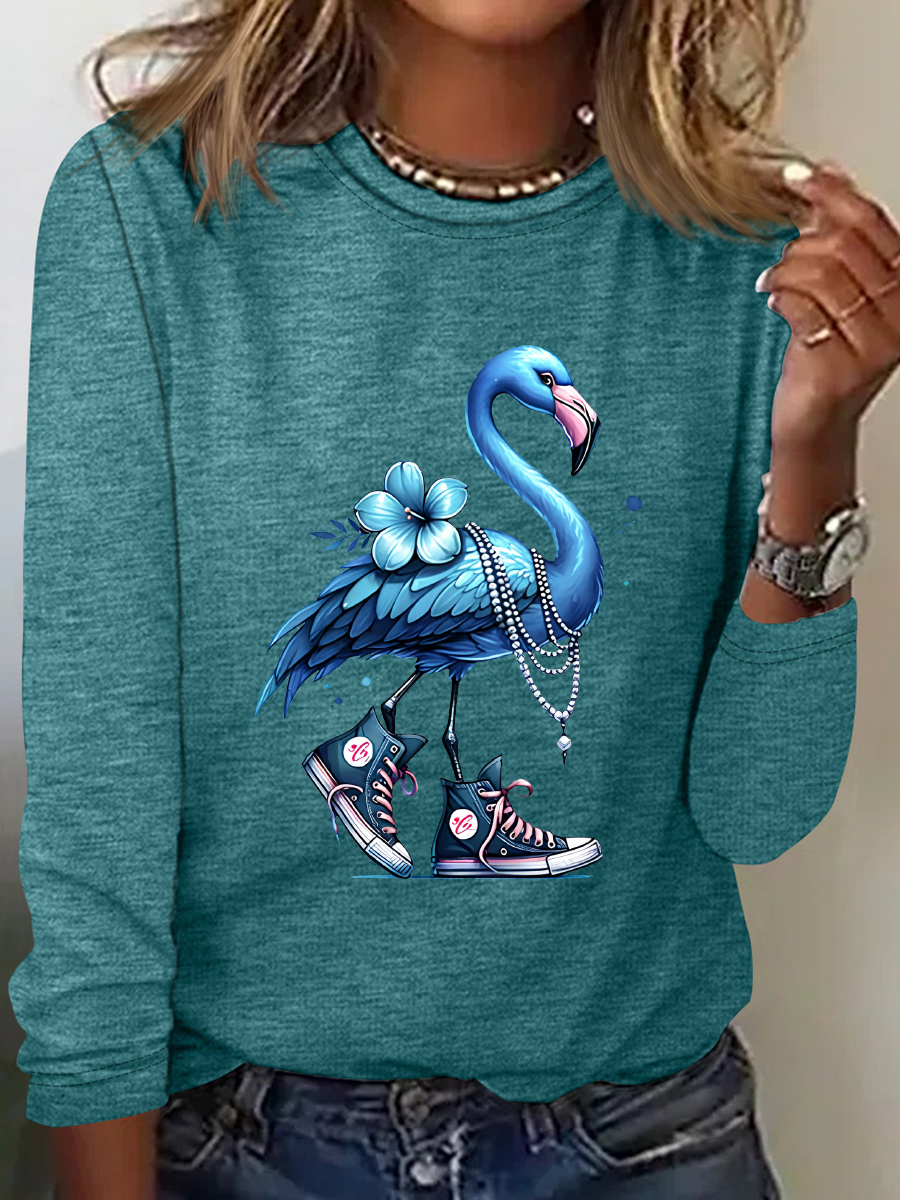 Pearl Necklace Canvas Shoes Blue Flamingo Print Casual Long Sleeve Shirt