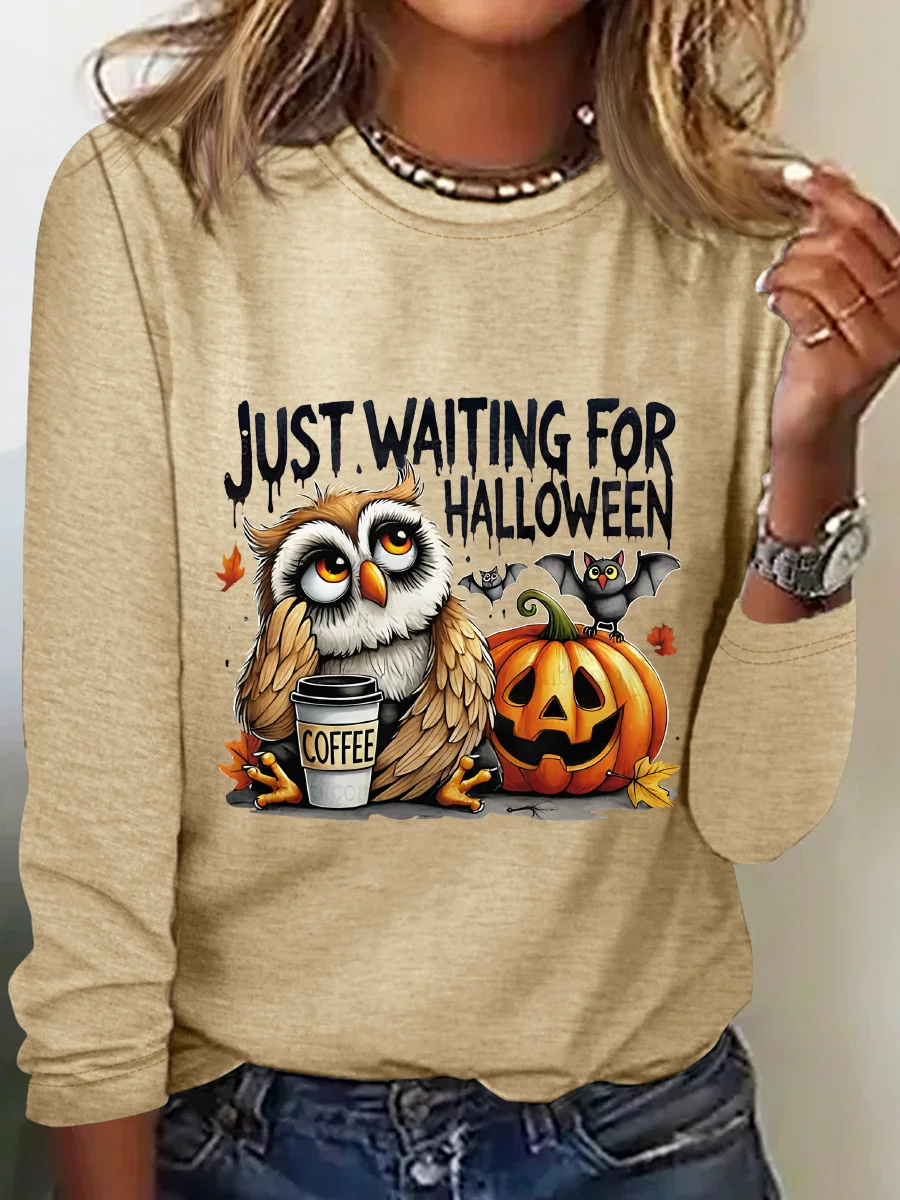 Halloween Owl Coffee Casual Long Sleeve Shirt