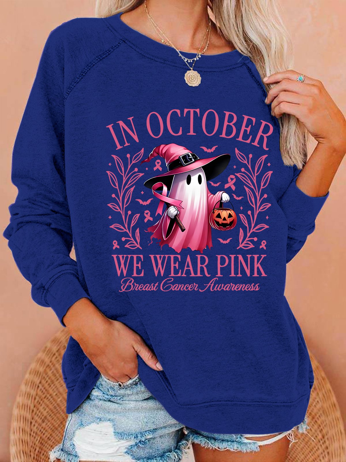 In October We Wear Pink Halloween Ghost Breast Cancer Awareness Warrior Casual Sweatshirt