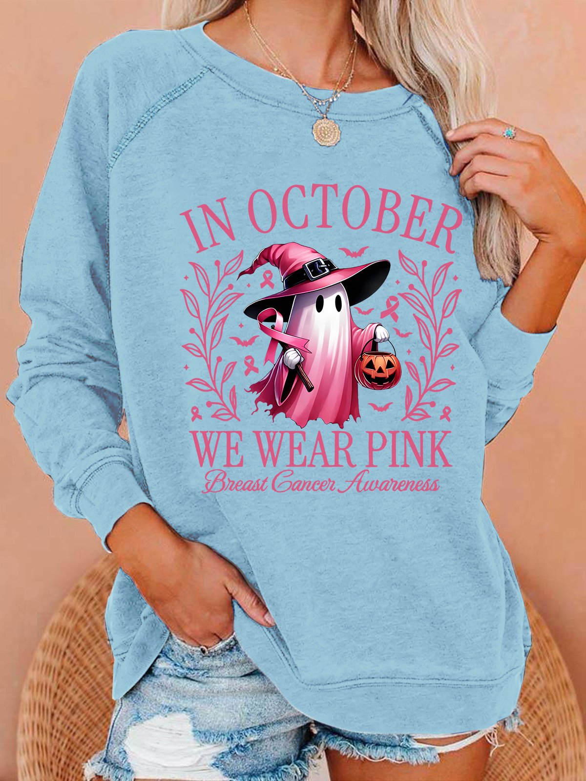 In October We Wear Pink Halloween Ghost Breast Cancer Awareness Warrior Casual Sweatshirt