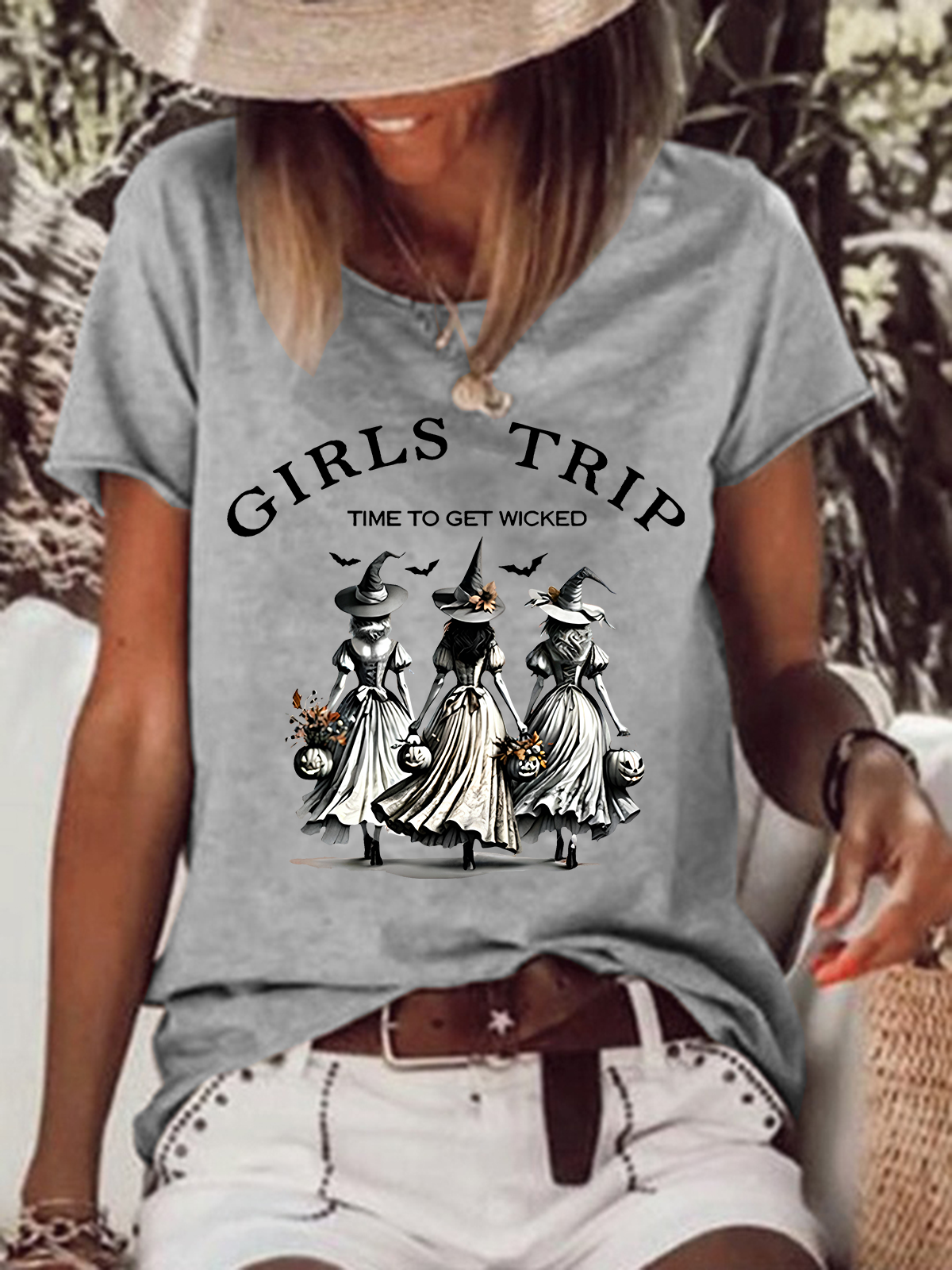 Women's Funny Halloween Witches Girls Trip Time To Get Wicked Casual T-Shirt