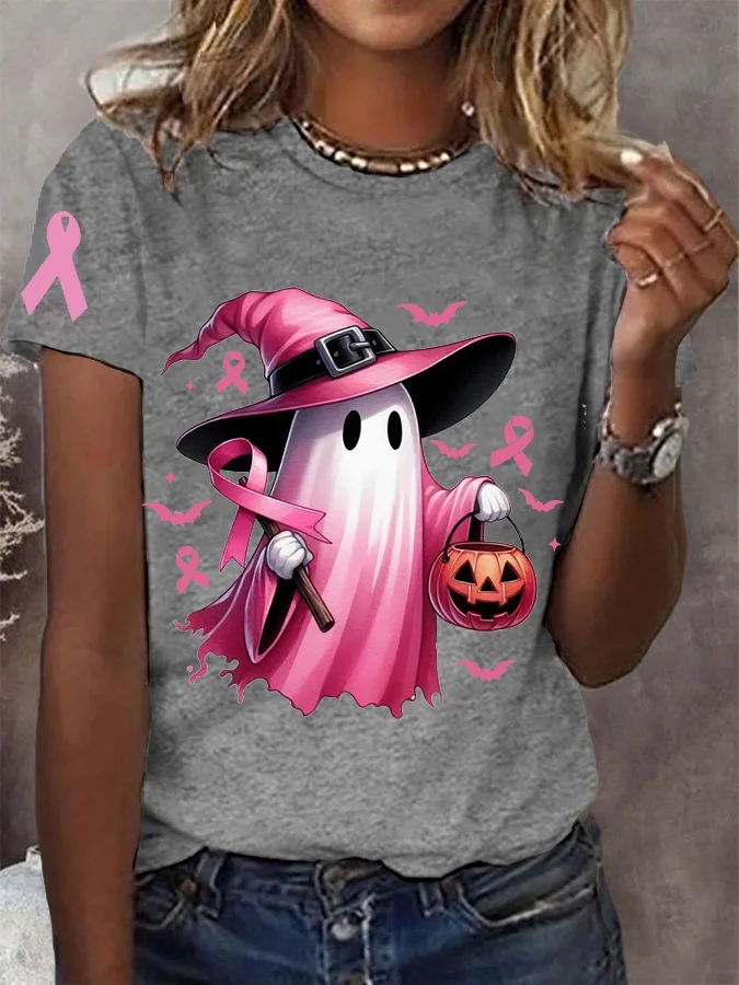 Women's In October We Wear Pink Halloween Ghost Breast Cancer Awareness Tee