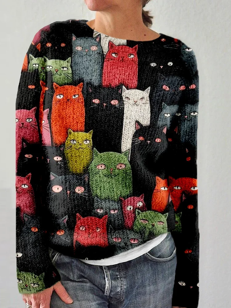 Cute Cats Graphic Round Neck Cozy Knitted Sweater