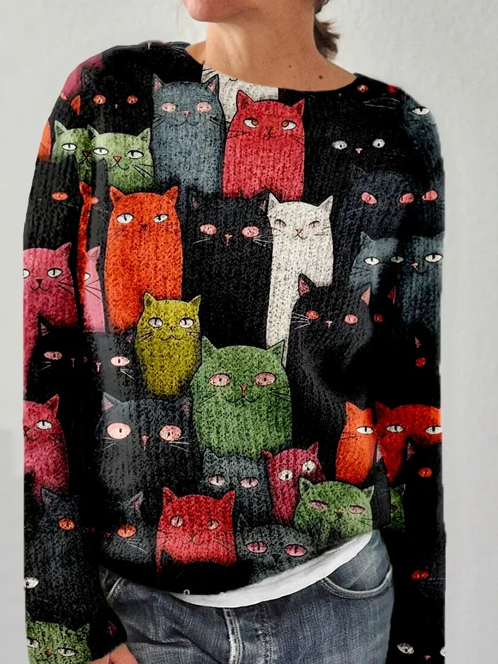 Cute Cats Graphic Round Neck Cozy Knitted Sweater