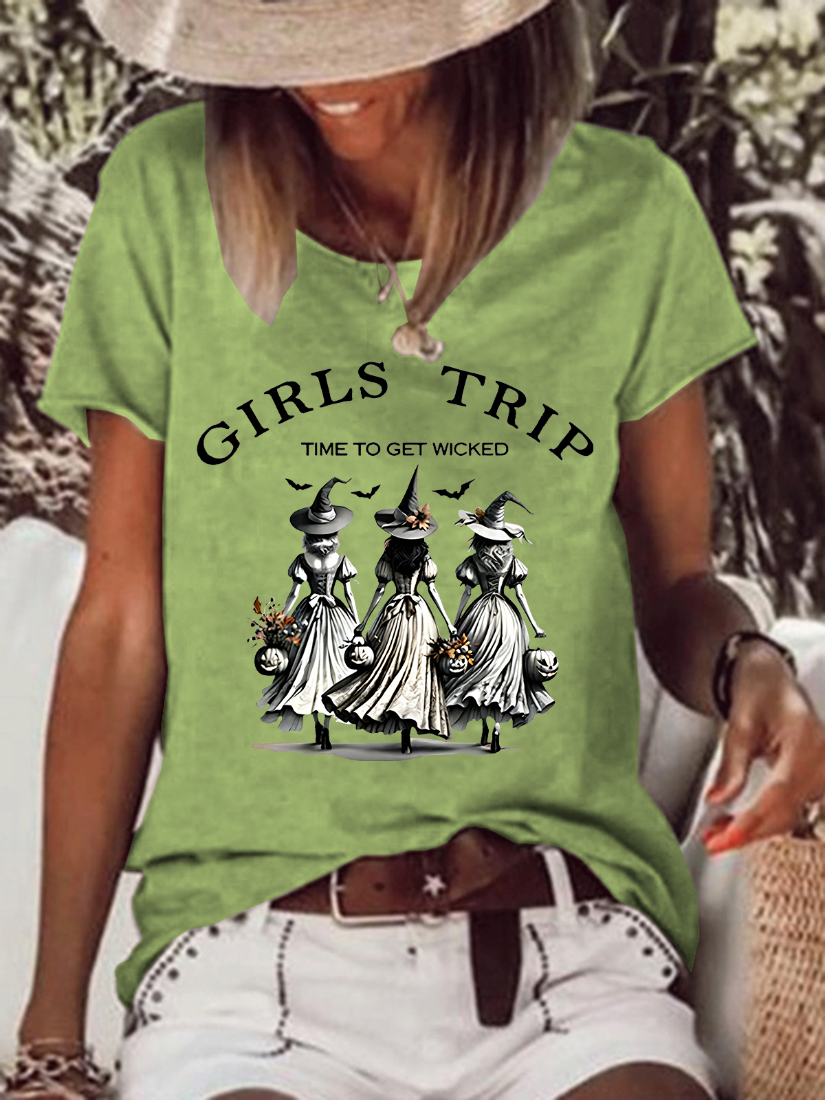 Women's Funny Halloween Witches Girls Trip Time To Get Wicked Casual T-Shirt