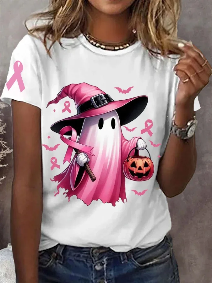 Women's In October We Wear Pink Halloween Ghost Breast Cancer Awareness Tee