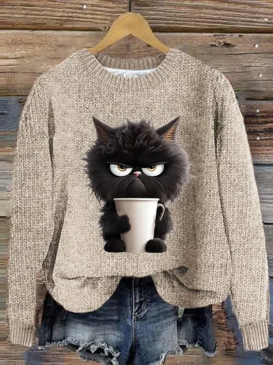 Grumpy Moring Coffee Cat Printed Knitted Pullover Sweater