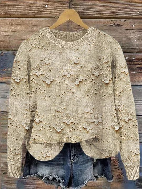 3D Floral Lace Embroidered Cozy Knit Sweater