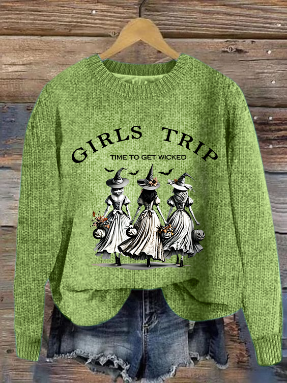 Women's Funny Halloween Witch Girls Trip Time To Get Wicked Knitted Casual Loose Sweater