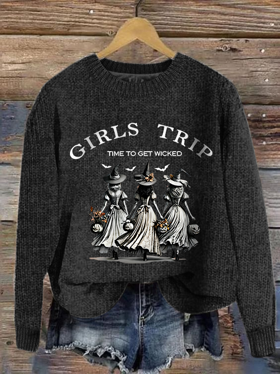 Women's Funny Halloween Witch Girls Trip Time To Get Wicked Knitted Casual Loose Sweater