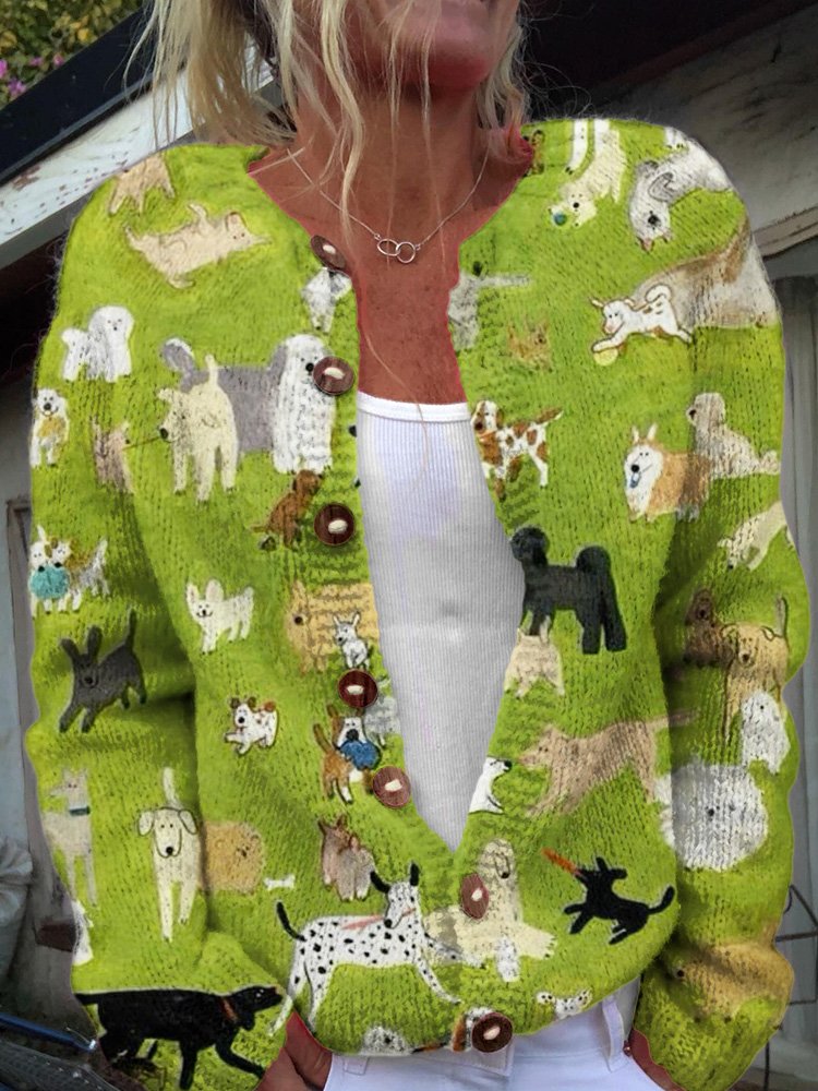 Dog Art Button Knitted Sweater Cardigan