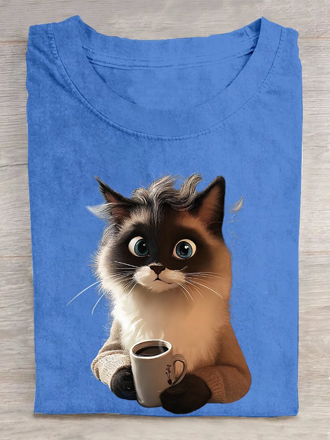 Cat Coffee Cotton T-shirt