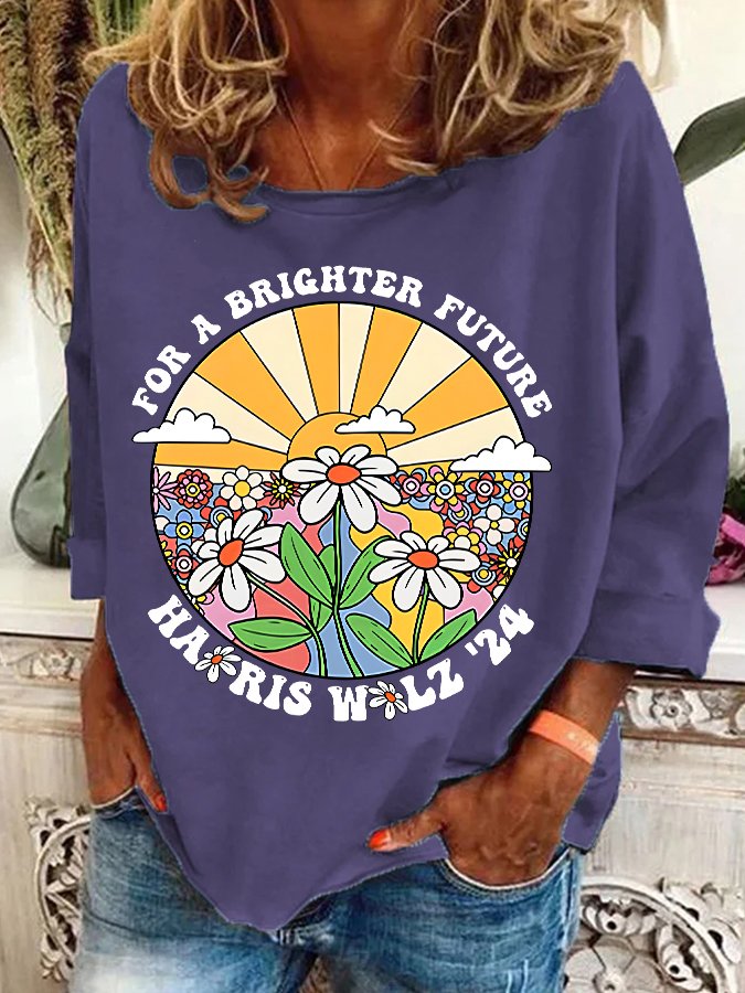 Retro For Brighter Future Sun And Daisy Print Casual Sweatshirt