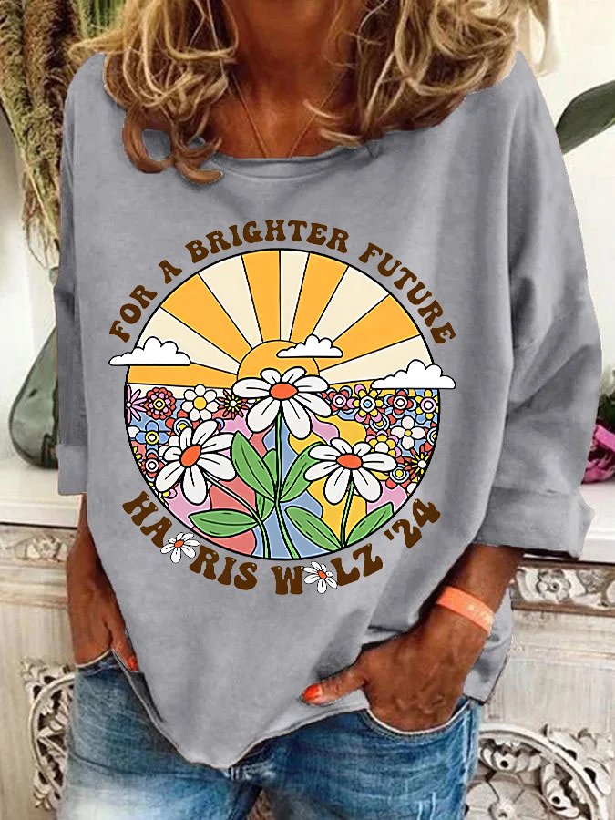 Retro For Brighter Future Sun And Daisy Print Casual Sweatshirt