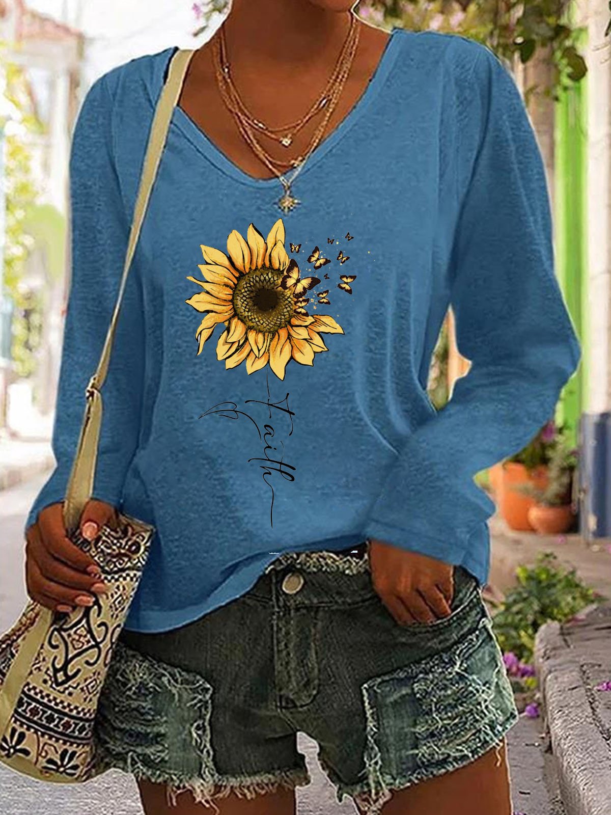 Sunflower Butterfly Printed Round Neck T-shirt