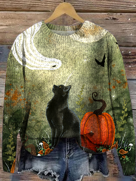 Cat Loose Halloween Knitted Casual Sweater