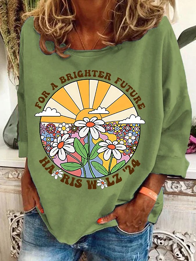 Retro For Brighter Future Sun And Daisy Print Casual Sweatshirt