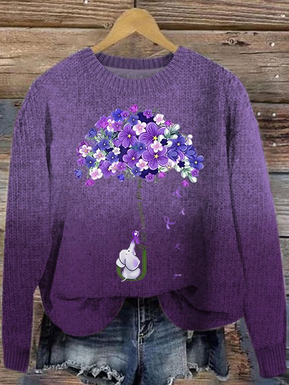 Women's I Will Remember For You Dementia Alzheimer's Disease Awareness Print Loose Knitted Purple Floral Sweater