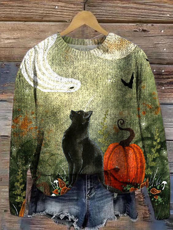 Cat Loose Halloween Knitted Casual Sweater