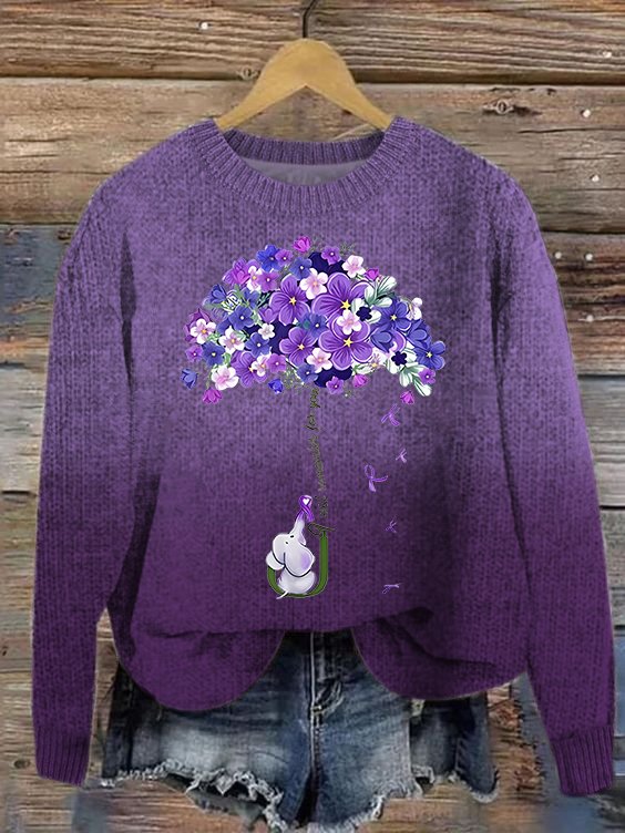 Women's I Will Remember For You Dementia Alzheimer's Disease Awareness Print Loose Knitted Purple Floral Sweater