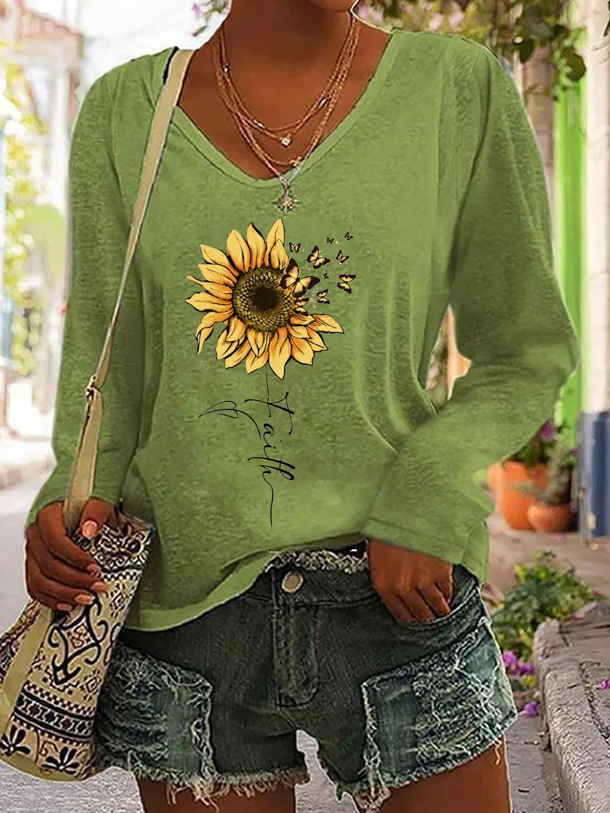 Sunflower Butterfly Printed Round Neck T-shirt