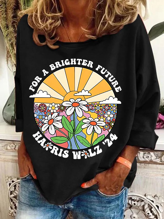 Retro For Brighter Future Sun And Daisy Print Casual Sweatshirt